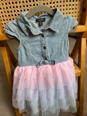 Zunie Denim Top Pink & Light Blue Tulle Tiered Dress